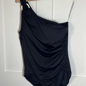 Michael Kors One-Shoulder Black Swimsuit with Gold Ring Accent